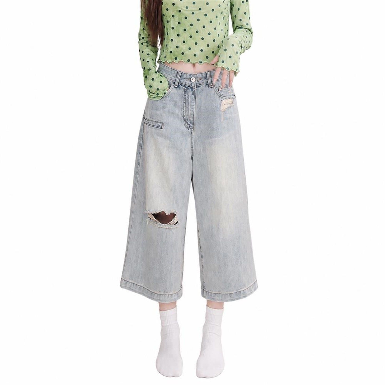ワイドパンツ ジーンズ レディース ダメージ デニムパンツ ハイウエスト クロップド 八分丈 薄手 ゆったり 体型カバー 美脚 カジュアル 春夏|Clover Rainbow