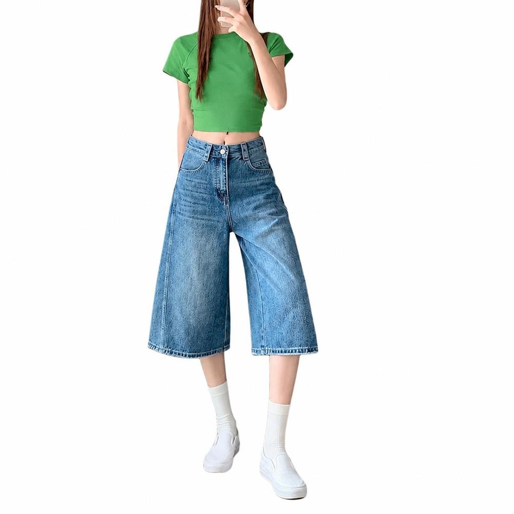 デニムパンツ レディース クロップドパンツ ハイウエスト 体型カバー 七分丈 ワイドジーンズ カジュアル ハーフパンツ ヴィンテージ風 ポケット付き ゆったり ジーパン 薄手 脚長効果|Clover Rainbow