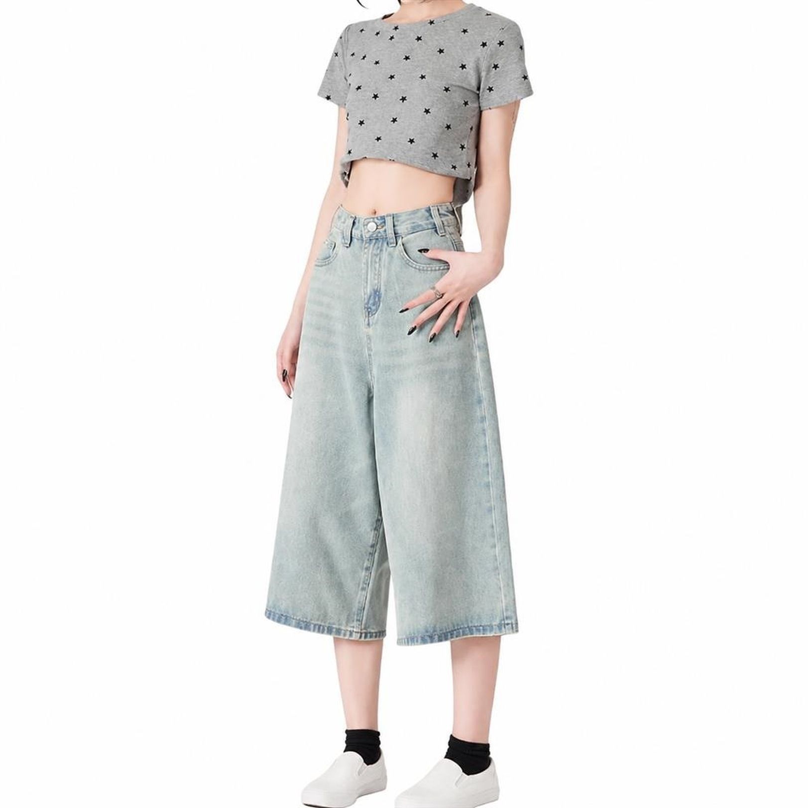 デニムパンツ レディース 七分丈 クロップドパンツ ハイウエスト ワイドパンツ ガウチョパンツ ゆったり 体型カバー 着痩せ 薄手 春 夏｜Clover Rainbow