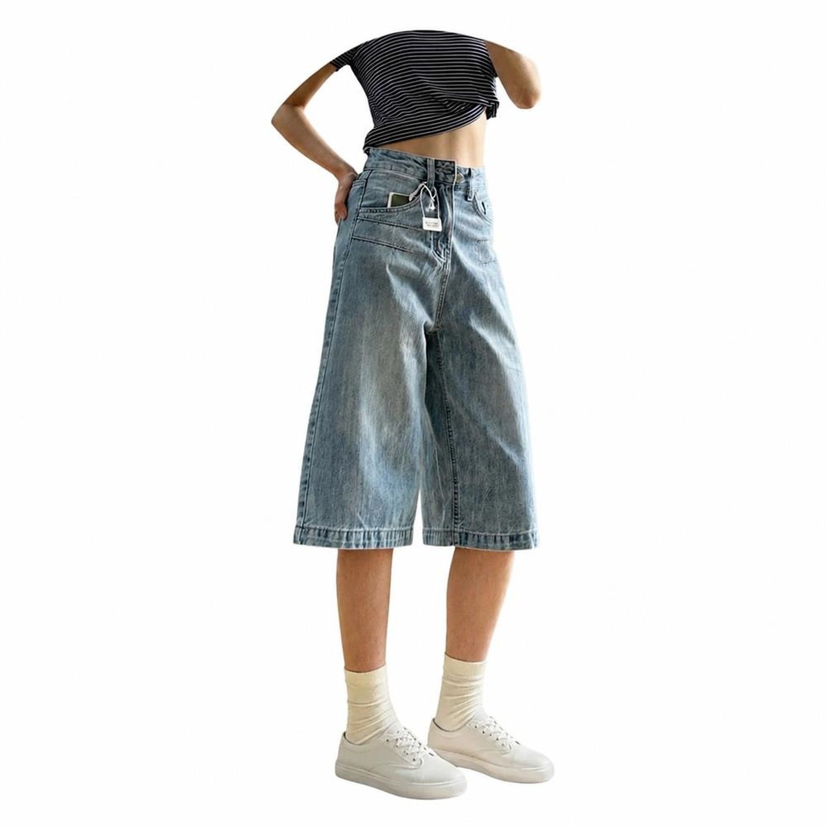 デニムハーフパンツ レディース ハイウエスト クロップドパンツ ワイド デニム 七分丈 ジーパン 体型カバー ジーンズ 膝下丈 ワイドパンツ カジュアル 夏 薄手 ゆったり 美脚パンツ|Clover Rainbow