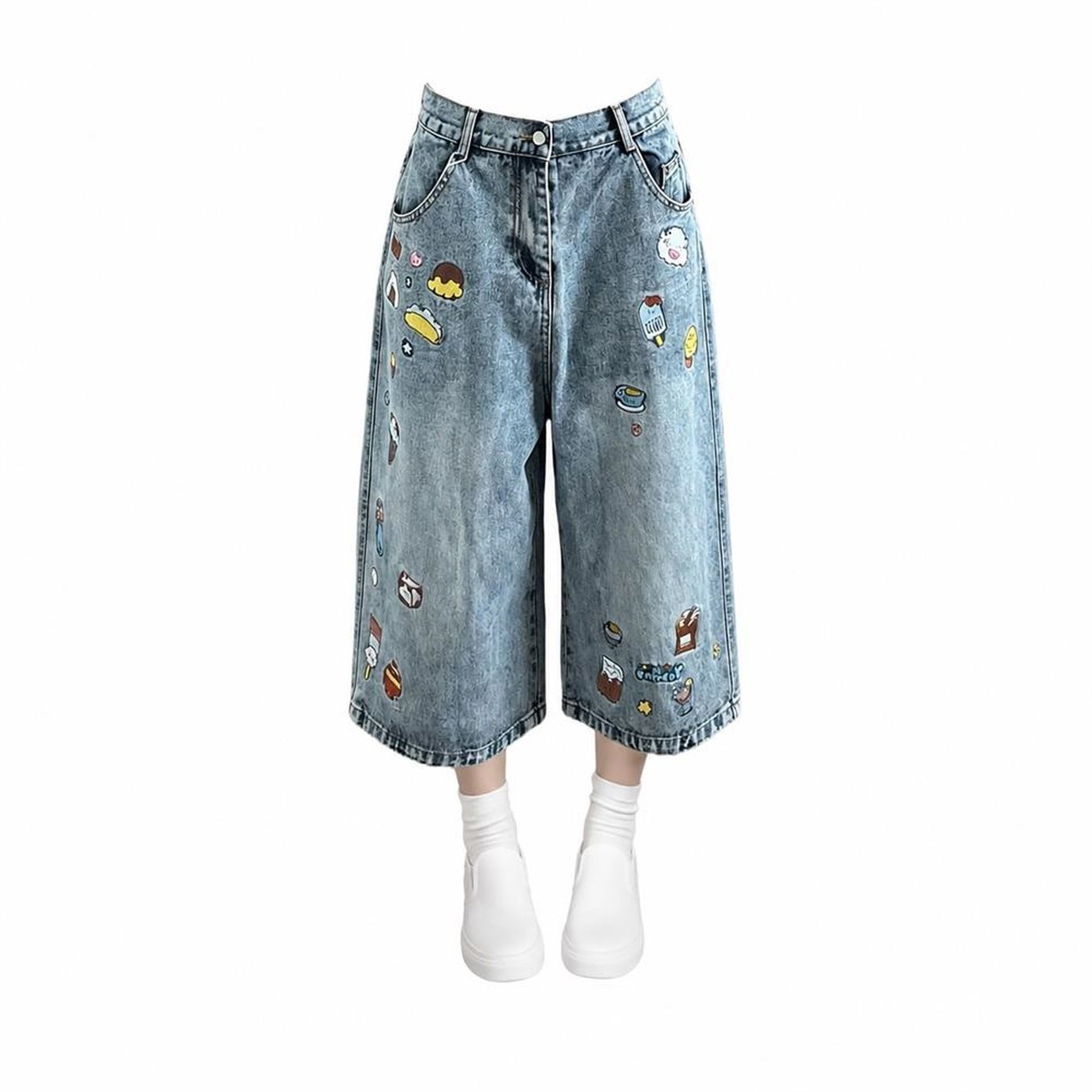 デニム クロップドパンツ レディース ハーフパンツ 刺繍 ワイドパンツ 七分丈 体型カバー ゆったり ハイウエスト ガウチョパンツ サルエルパンツ かわいい キャラクター ワッペン付き カジュアル 通|Clover Rainbow