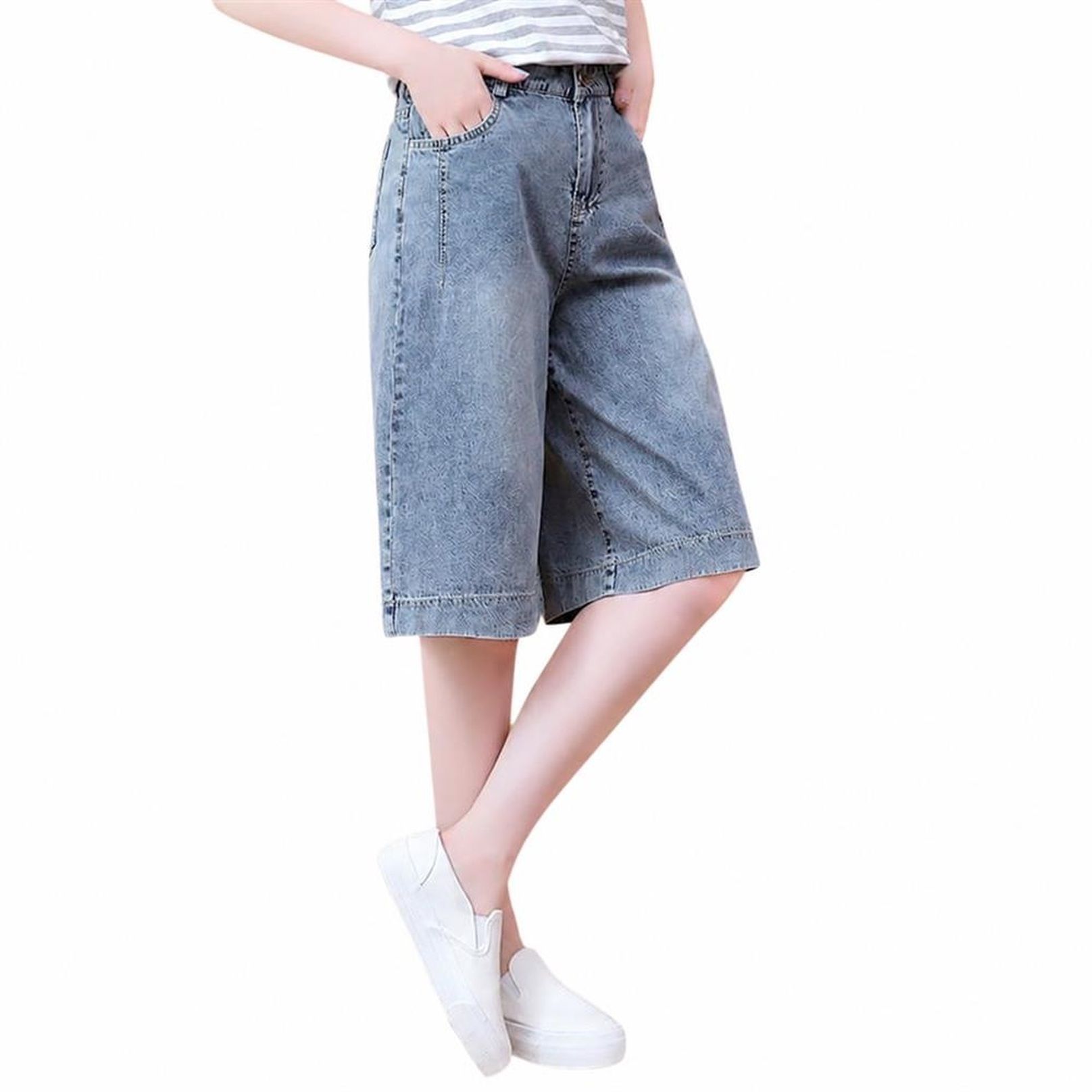 デニムハーフパンツ レディース バミューダパンツ 膝丈 ワイドパンツ ジーンズ 体型カバー ゆったり ハイウエスト カジュアル 五分丈 薄手｜Clover Rainbow