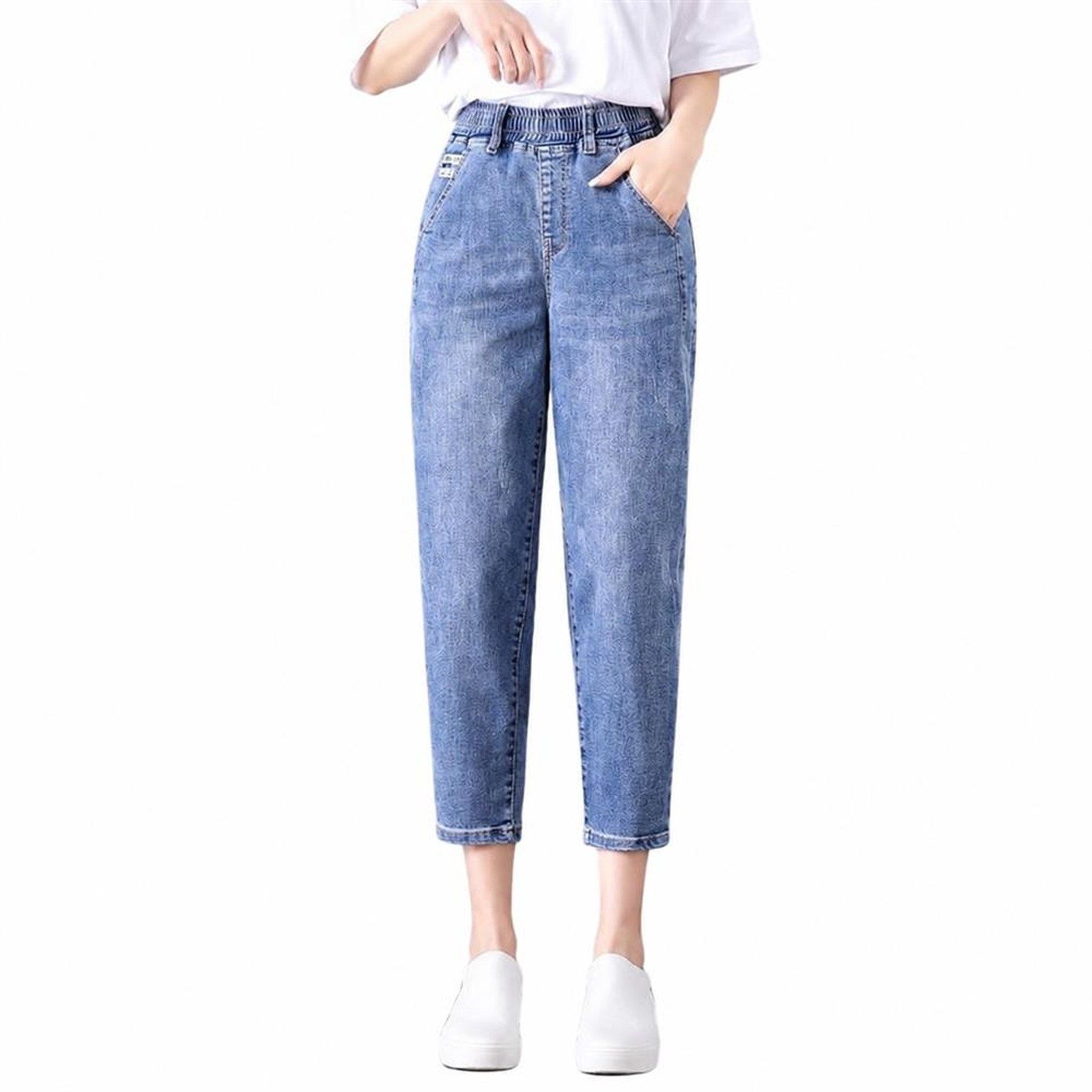 デニムパンツ レディース クロップドパンツ サルエル ジーンズ 七分丈 ウエストゴム 美脚 体型カバー ハイウエスト ゆったり 夏 薄手 カジュアル｜Clover Rainbow