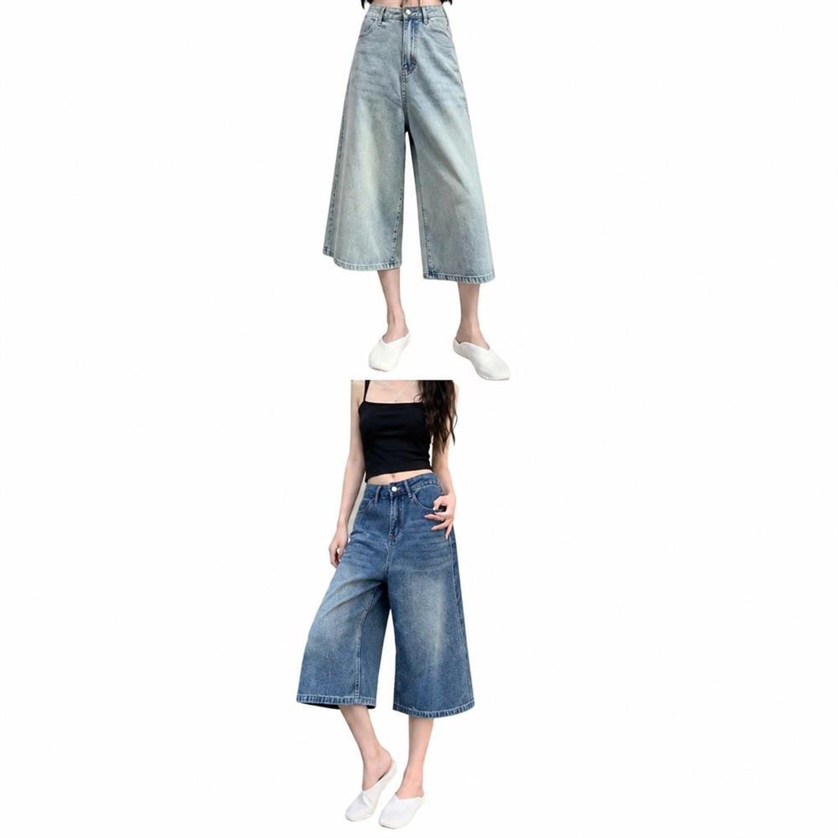 デニムハーフパンツ レディース 七分丈 クロップドパンツ ワイド ゆったり ルーズ ジーンズ ジーパン 膝下 ガウチョ 薄手 涼しい 体型カバー アメカジ レトロ ストリート カジュアル 夏 ボトムス|Clover Rainbow