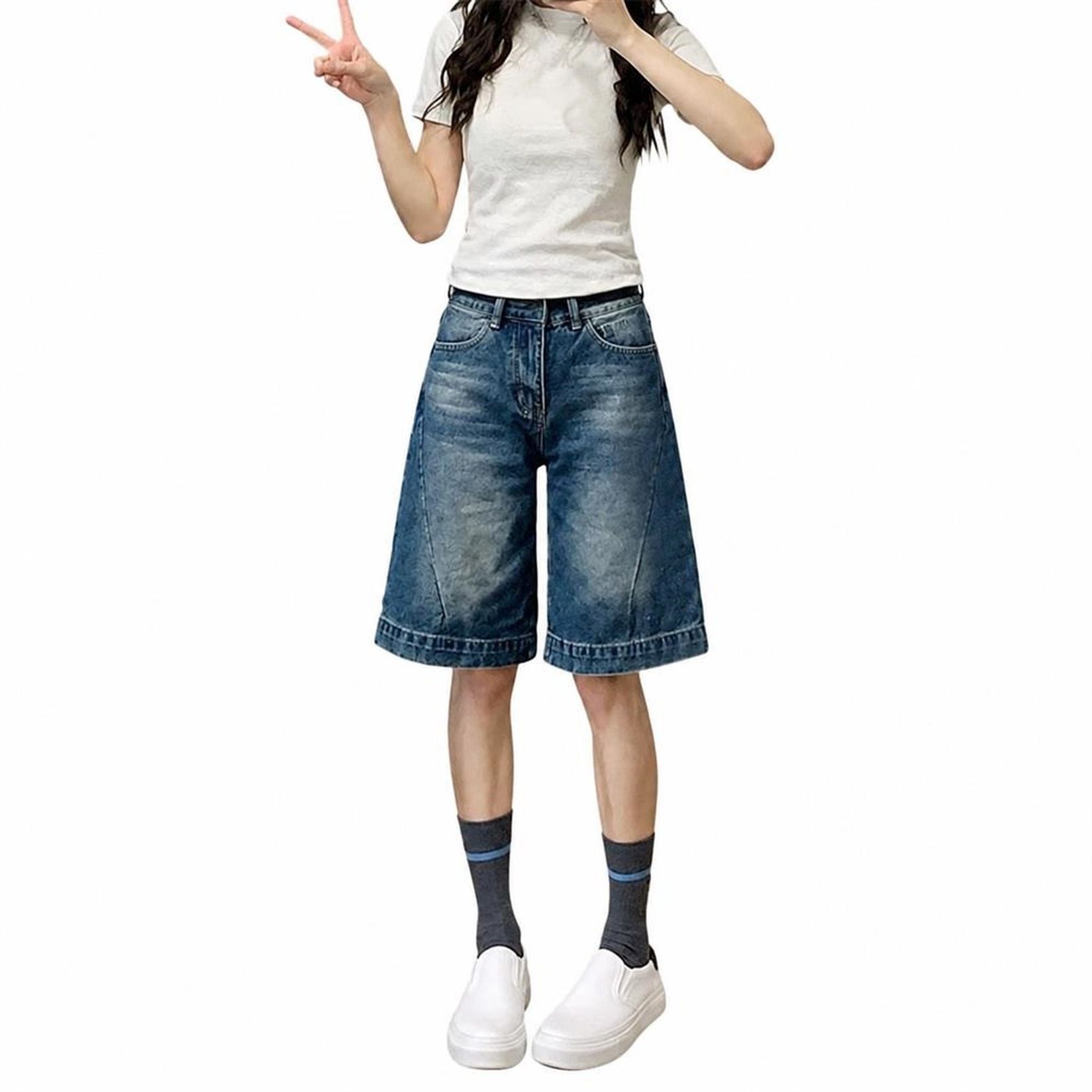 ハーフパンツ レディース デニム ショートパンツ 五分丈 ジーンズ ワイド ジーパン ゆったり ボトムス 着痩せ 体型カバー 半ズボン 大きいサイズ 爽やか カジュアル 夏服 通学 通勤|Clover Rainbow