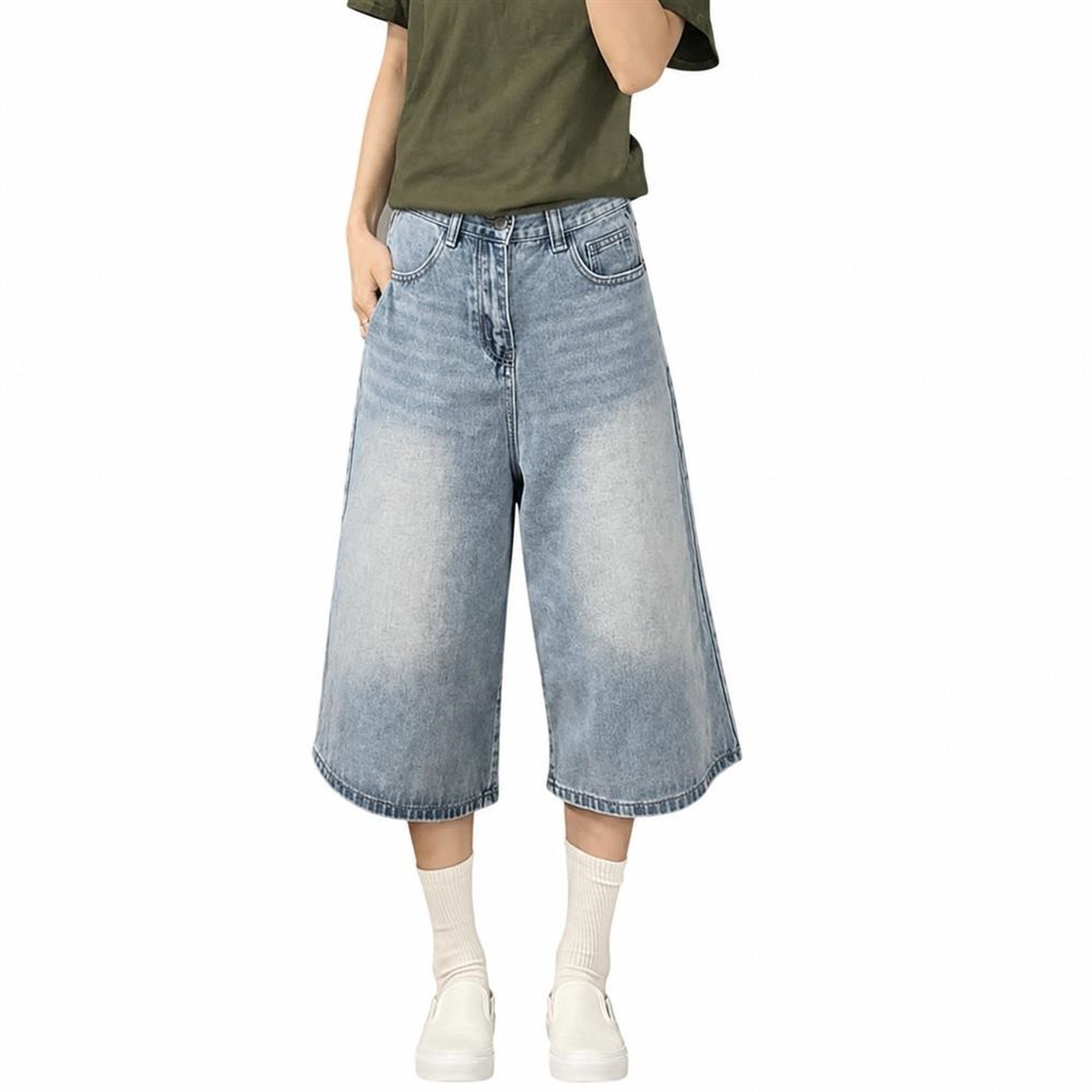 デニムハーフパンツ レディース クロップドパンツ 七分丈 ガウチョパンツ ジーンズ ワイドパンツ ハイウエスト ゆったり 体型カバー 美脚 着痩せ カジュアル 通学 夏|Clover Rainbow