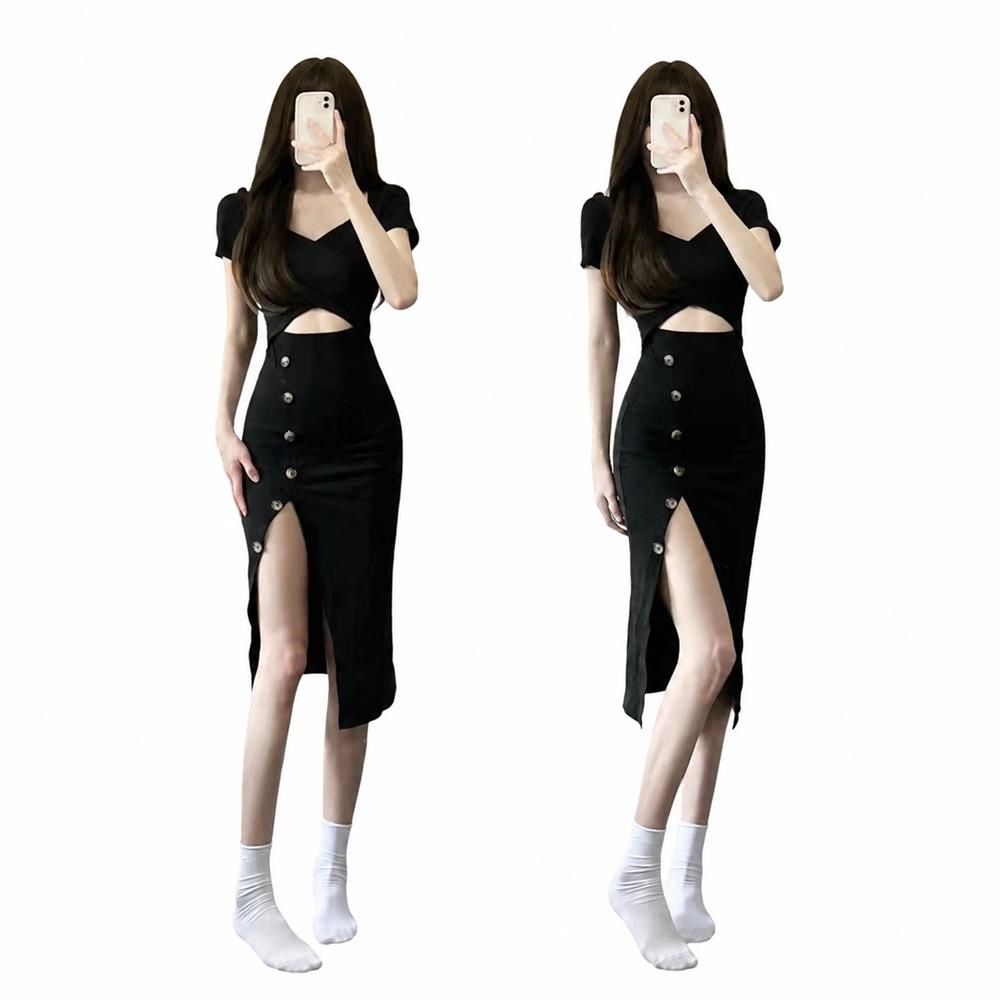 タイトワンピース セクシー レディース カットアウト スリット入り 半袖 フロントボタン Vネック 着痩せ キャバドレス ロング丈 美脚 デート｜Clover Rainbow
