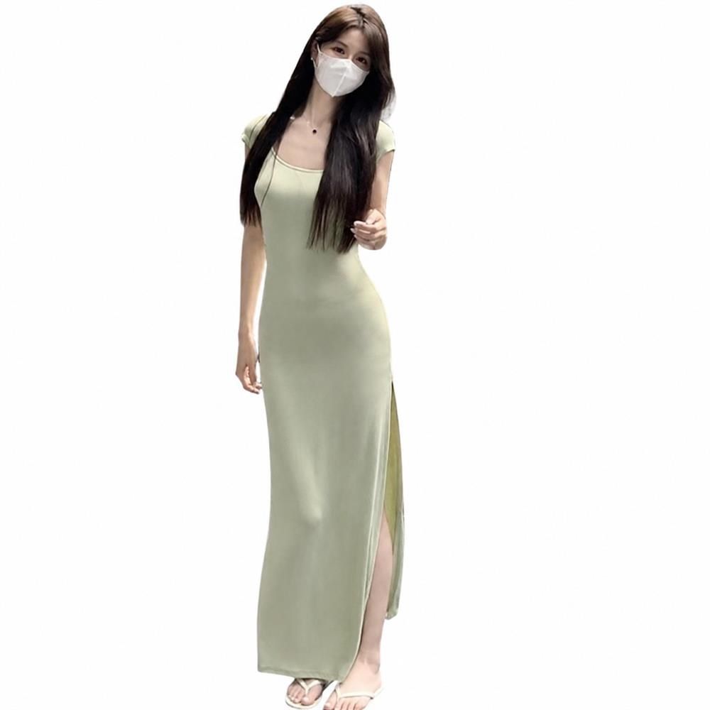 ワンピース バックオープン タイト セクシー 背中あき 半袖 ロング ミモレ丈 春夏 レディース ボディコン マキシ リブ ストレッチ 着痩せ きれいめ デート キャバ ドレス｜Clover Rainbow