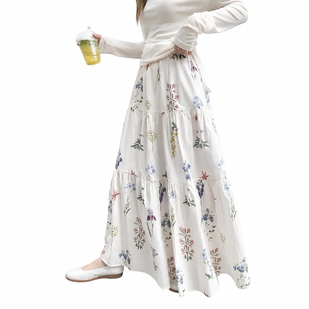 ロングスカート レディース 春夏 花柄 スカート ティアードスカート 裏地付き ウエストゴム マキシスカート Aライン 体型カバー カジュアル 森ガール 可愛い 通学 通勤 お出かけ｜Clover Rainbow