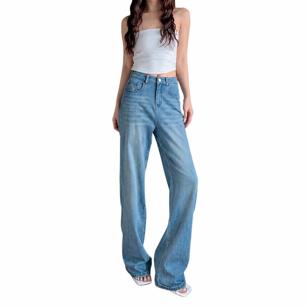 レディース デニムパンツ ハイウエスト ワイドパンツ ジーンズ 美脚 ストレート ソフトデニム ロングパンツ 体型カバー 薄手 ゆったり ジーパン 柔らかい カジュアル 脚長効果 きれいめ 春夏 通勤｜Clover Rainbow