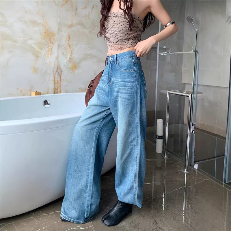 レディース ワイドパンツ デニムパンツ ハイウエスト テンセル ジーパン ルーズ ゆったり 美脚 脚長 体型カバー 薄手 とろみ レトロ カジュアル ロング丈 ボトムス 春 夏 秋｜Clover Rainbow
