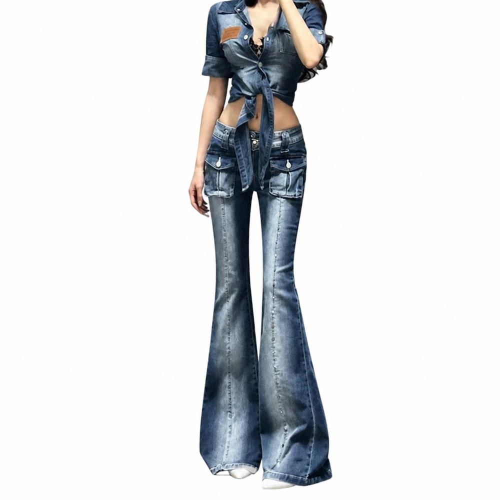 ベルボトム デニムパンツ レディース ローライズ ジーンズ 美脚 脚長 ブーツカット ワークパンツ ポケット レトロ アメカジ ストリート系 体型カバー 着痩せ カジュアル ロングパンツ｜Clover Rainbow
