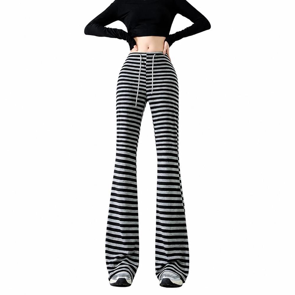 ニットパンツ レディース ブーツカット ボーダー ベルボトム ウエストゴム 美脚 脚長 着痩せ 体型カバー ストレッチ ルームウェア 部屋着｜Clover Rainbow