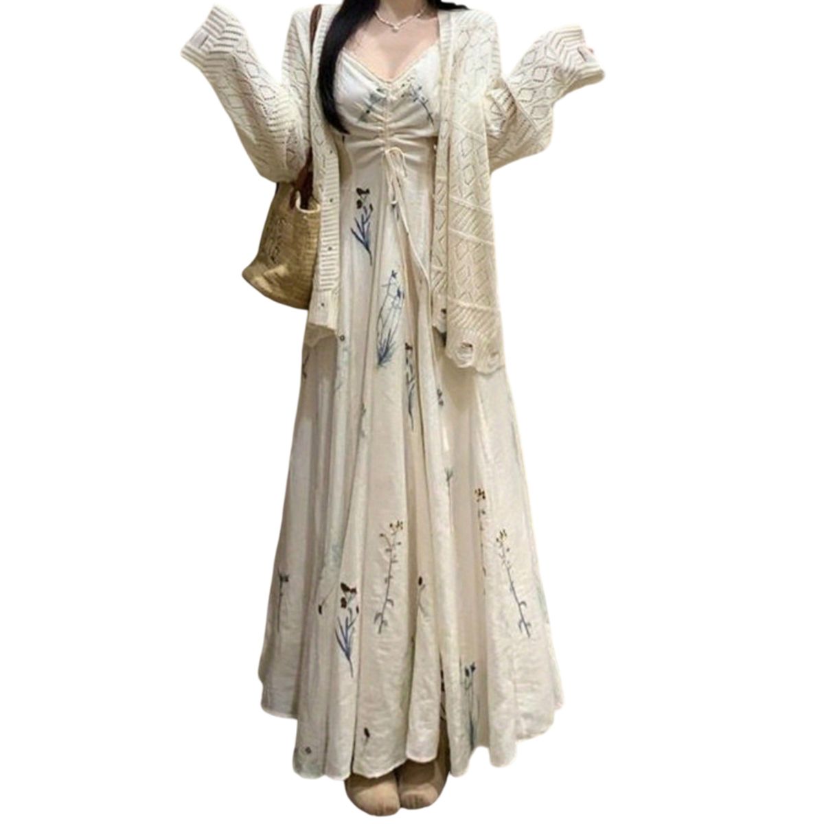 衣裳 レディース 2点書き割り キャミワンピ ジレー 長袖 透かし編み 編み物 ロング衣裳 マキシ丈 花柄 自然的 体型取りまかなう 成年者好いたらしい 旅する 溜まり場 会う約束