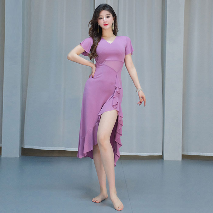 送料無料 ベリーダンス 衣装 ワンピース レッスン着 無地 動きやすい ストレッチ生地 半袖 5分袖 ウエスト透け感 メッシュ タイト ワンピース ロング丈 スカート おしゃれ ダンス衣装 ステージ衣装 ダンス 発表会画像