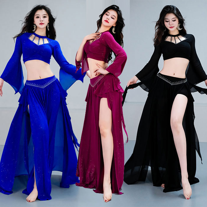 送料無料 ベリーダンス 衣装 セット衣装 おしゃれ 発表会 衣装 ベリーダンス衣装 伸縮性生地 長袖 メッシュ トップス スリット入り スカート ロング丈 インナーパンツ付き ベリーダンス 衣装セット 発表会 ステージ衣装画像