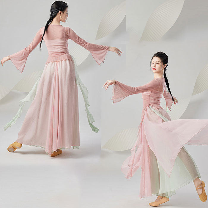 古典民族ダンス シフォン ガウチョパンツ 配色 美シルエット 古典ダンス衣装 上下2点セット レディース 長袖 紗ブラウス ふわんり スリット 不規則裾 漢唐古典舞踊 ダンス衣装 ひらひら 飄逸 中国踊り 練習着 レッスンウエア 練功服 ステージ衣装 発表会 演出服 お揃い画像