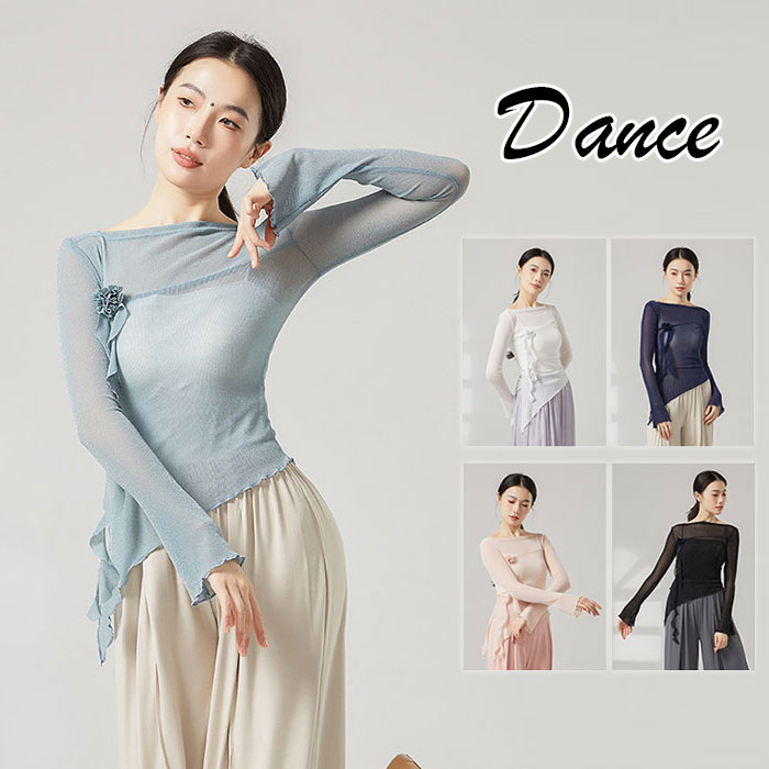 ダンストップス 古典ダンス衣装 シースルー フラワー ラメ入り スリット キャミソール アシメトリー シャツ ダンス衣装 トップス フレア袖 古典美人 モダンダンス バレエ 古典ダンス ステージ衣装 レッスンウェア 舞台 演出服 着痩せ 練功服 練習着 競技着 発表会 団体お揃い画像
