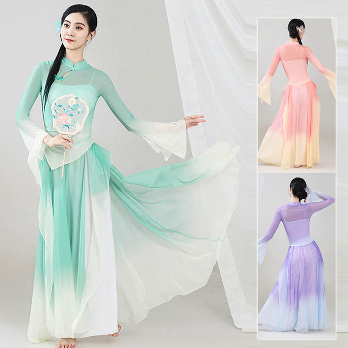 古典ダンス衣装 レディース飄逸な中華風ダンスウェア 古典/バレエ/ヨガダンス衣装 グラデーション シフォンガウチョパンツ シースルートップス キャミソール 3点セットアップ 練功服 ダンスパンツ ワイドパンツ スリット入り 蝶 アシンメトリー ステージ舞台演出服 ひらひら画像