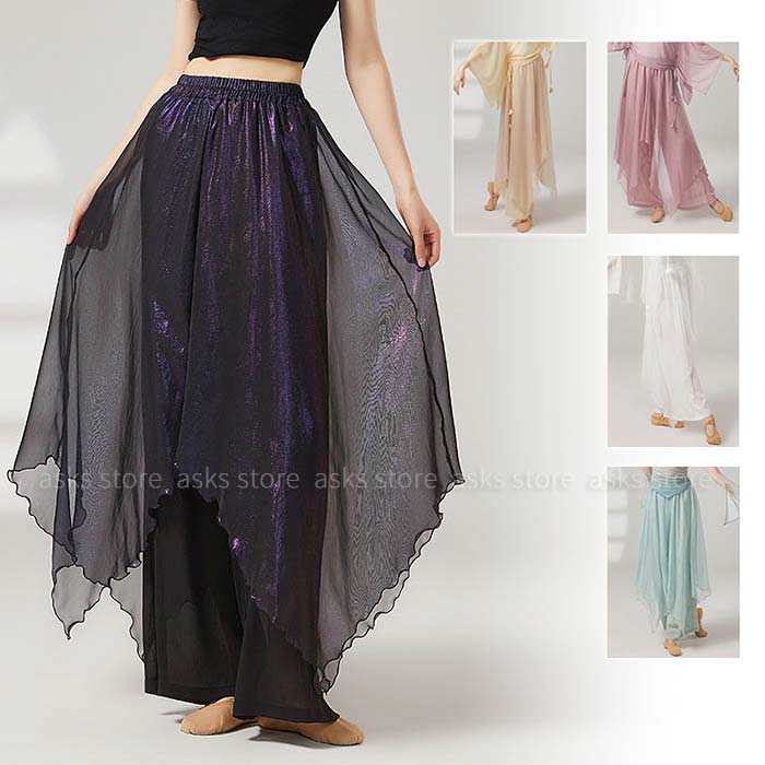 古典ダンスパンツ ダンス 練功服 キュロット レディース ワイドパンツ スカパン ガウチョパンツ 光沢感 飄逸 レイヤード風 美脚 不規則裾 エレガント 古典舞踊 民族ダンス 社交ダンス 練習着 レッスン 初心者 モダン イベント ゆったり ステージ衣装 舞台衣装 団体服 発表会画像