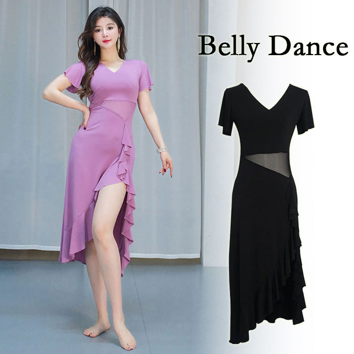 ダンスワンピース レディース ベリーダンス衣装 ステージ衣装 演出 モダンダンス ラテンダンス 練功服 半袖 シースルー フリル付き スリット入り 不規則裾 団服 お揃い 透け感 インナーパンツ付き Belly Dance 練習着 レッスン着 美シルエット ダンス授業 エレガント画像
