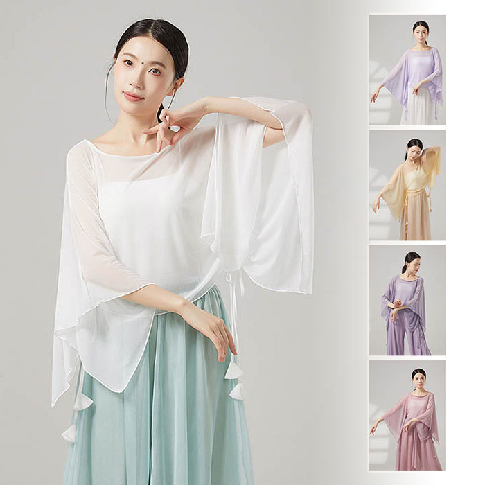 大人ダンス衣装トップス 長袖 シフォン フレア袖 古典ダンストップス 練功服 シースルー 古典ダンスブラウス 社交ダンス 飄逸 練習着 チュール リボンあり モダンダンス 透け感 バレエ エレガント 古典舞踊 レディース 舞台ステージ衣装 クラシカル レッスン着 ナチュラル画像