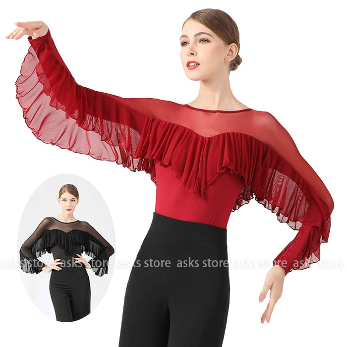 社交ダンスウエア トップス フリル レオタード 長袖 モダンダンス ラテンダンス 練習着 レッスン着 衣装 発表会 シースルー 透け感 練功服 レディース 古典ダンス モダンダンス スタンダード ラテンダンス タンゴ ワルツ 連体服 初心者 上級者 競技会 ステージ衣装 おしゃれ画像