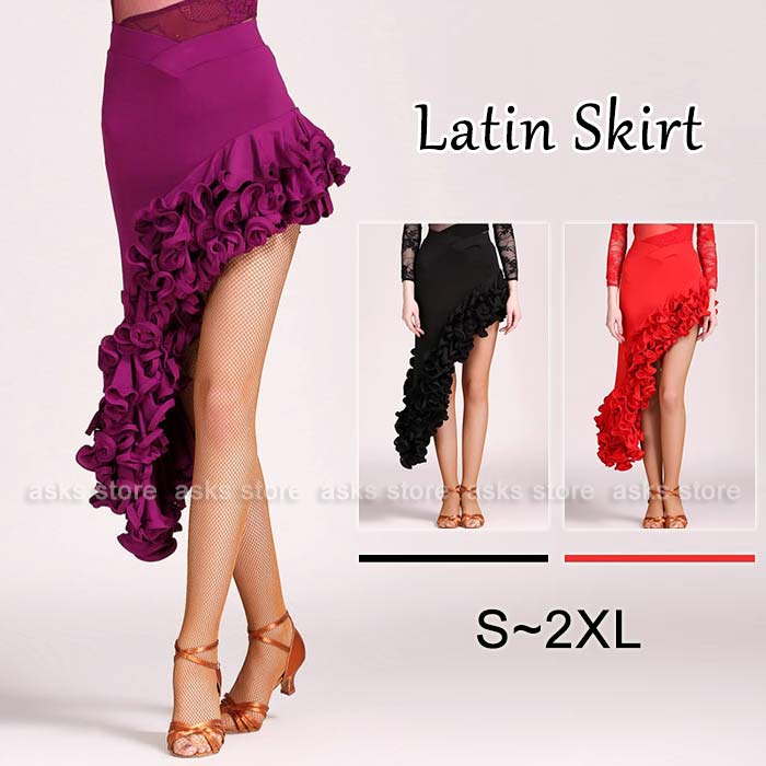 レディースラテンダンススカート 3色 ダンススカート ベリー ラテン 社交ダンス ダンス スカート マーメイド アシンメトリー 不規則裾 裾フリル モダンダンス ミニ丈 ロング丈 美シルエット ダンスウエア ステージ服 ダンスレッスン着 競技着 試合選択 高級者 無地 セクシー画像