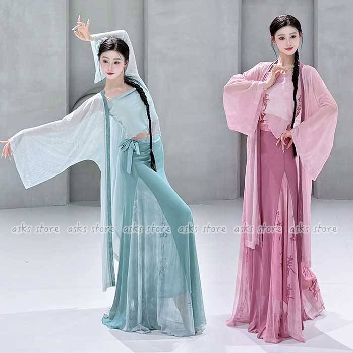 古典ダンス衣装 新作 上下セット ロング羽織 キャミソール 巻きスカート 古典舞踊ウエア セットアップ 飄逸 シースルー 練習着 学園祭 文化祭 コスチューム 舞台 演出服 チャイナダンス 美人 エレガント ステージ舞台演出服 練功服 レッスン着 カーディガン 透け感 団体服画像