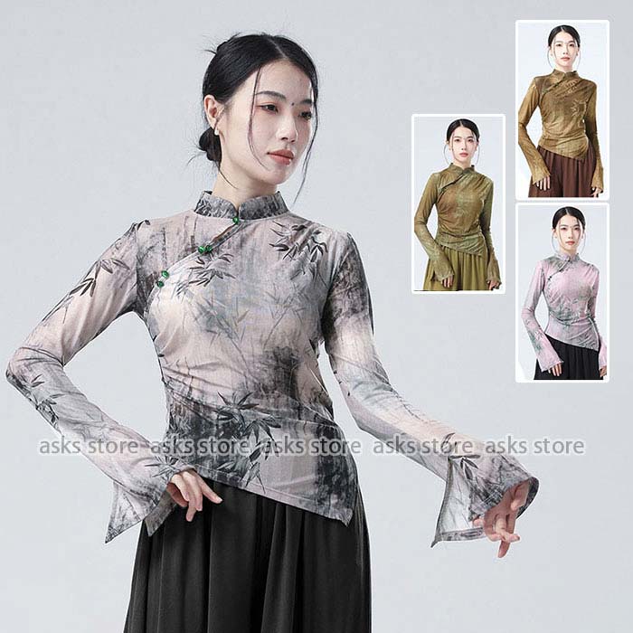 古典ダンストップス 民族風 ダンス トップス フレア袖 竹柄 中華風古典ダンス モダンダンス 長袖 アシンメトリー バレエ トップス 競技着 ステージ衣装 レッスン着 ダンス ウェア 練功服 動きやすい 着痩せ ダンス授業 ダンス発表会 団体服 ベリーダンス 普段着 おしゃれ画像