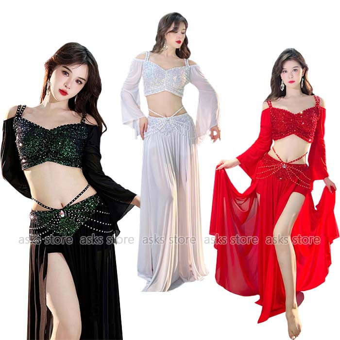 送料無料 ベリーダンス レッスン着 上下セット トップス フレア袖 肩出し へそ出し スパンコール キラキラ スカート スリット入り 練功服 チュール インナーパンツ付き 飄逸 ベリーダンス衣装 競技着 ステージ衣装 舞台衣装 発表会 お揃い 団体服 コスチューム セクシー画像