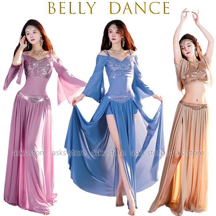 ベリーダンス衣装 上下セット トップス フレア袖 肩出し スパンコール キラキラ ロングスカート スリット入り 練功服 インナーパンツ付き 飄逸 セクシーなベリーダンス衣装 競技着 ステージ衣装 舞台衣装 ダンス 発表会 レッスン着 お揃い 団体服 ベリーダンス コスチューム画像