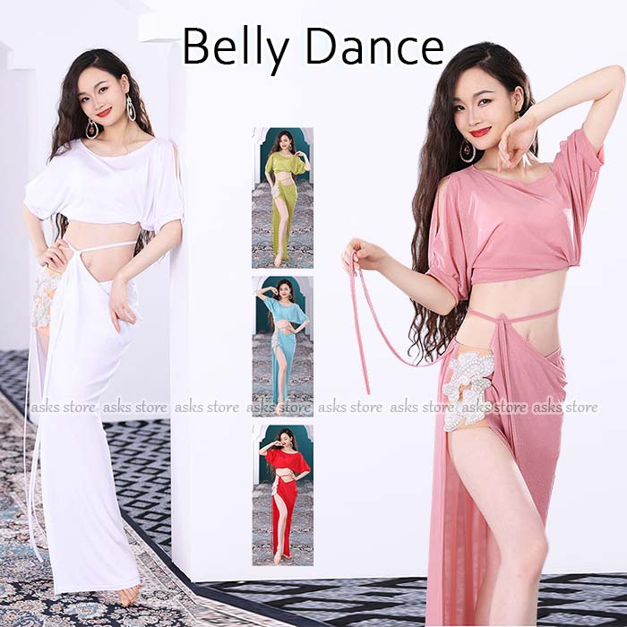 レデイース ベリーダンス衣装 上下セット ショート丈トップス へそ出し スリット入り ロングスカート ラメ入り キラキラ 社交ダンス ベリーダンス 競技着 Belly Dance 練習着 レッスン着 リボン付き 練功服 演出 セクシー 美シルエット 飄逸 ダンスウエア 体型カバー 着痩せ画像