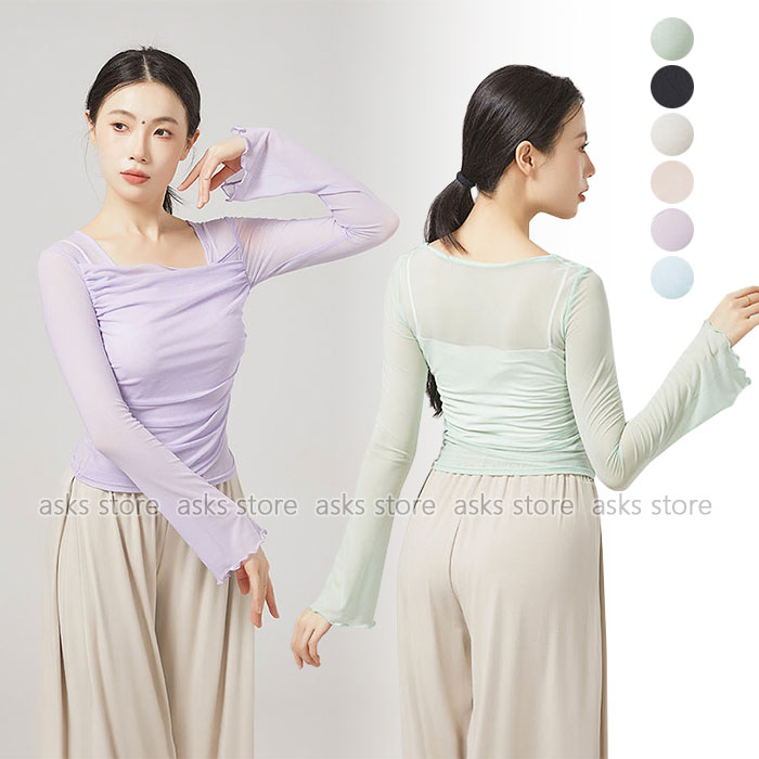 古典ダンス衣装 トップス モダンダンストップス ダンス衣装 長袖フレア袖 メッシュ 練功服 ダンストップス シースルー シフォン レディース クラシカル ダンス エレガント 中華古典舞踊 社交ダンス 練習着 レッスン着 透け感 モダンダンス トップス ステージ衣装 お揃い画像