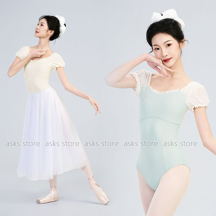 バレエ レオタード 大人 バレエ用品 ダンスウェア 半袖 バレエレオタード スカート ロング丈 ダンス練功服 古典ダンス衣装 シースルー ストレッチ 伸縮 練習着 レッスン着 新体操 大人バレエ バレリーナ ダンス授業 競技着 発表会 ステージ衣装 団体服 お揃い 着痩せ画像