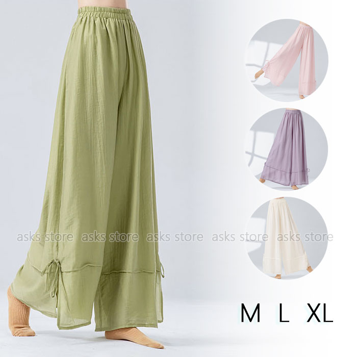 ダンスパンツ ワイドパンツ ロングパンツ レディース ガウチョパンツ リボン付き ダンス衣装 踊りパンツ ヨガ服 古典舞踊 古典ダンス衣装 クラシック舞踊 モダンダンス ダンスウェア 社交ダンス 飄逸 ゆったり イベント衣装 レッスン着 練習着 ステージ 団体服 発表会 演出服画像