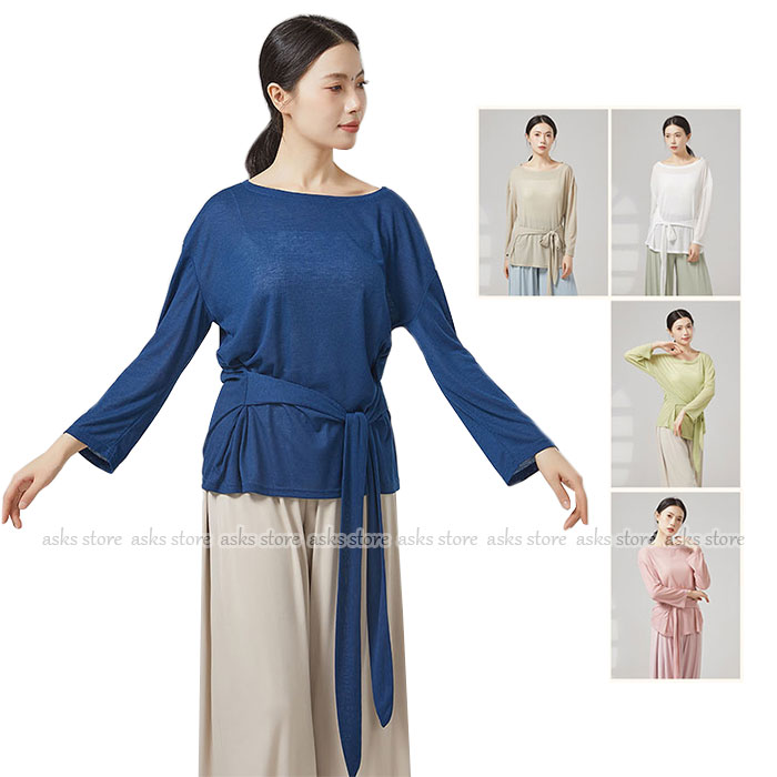 ダンストップス レディース モダンダンス 練功服 長袖 Tシャツ リボン 飄逸 2way レディース ダンス衣装 トップス 古典ダンス ジャズダンス 普段着 大きいサイズ レッスンウェア ゆったり 無地 大人 ダンス 衣装 練習着 カジュアル 動きやすい 発表会 ステージ衣装 演出画像