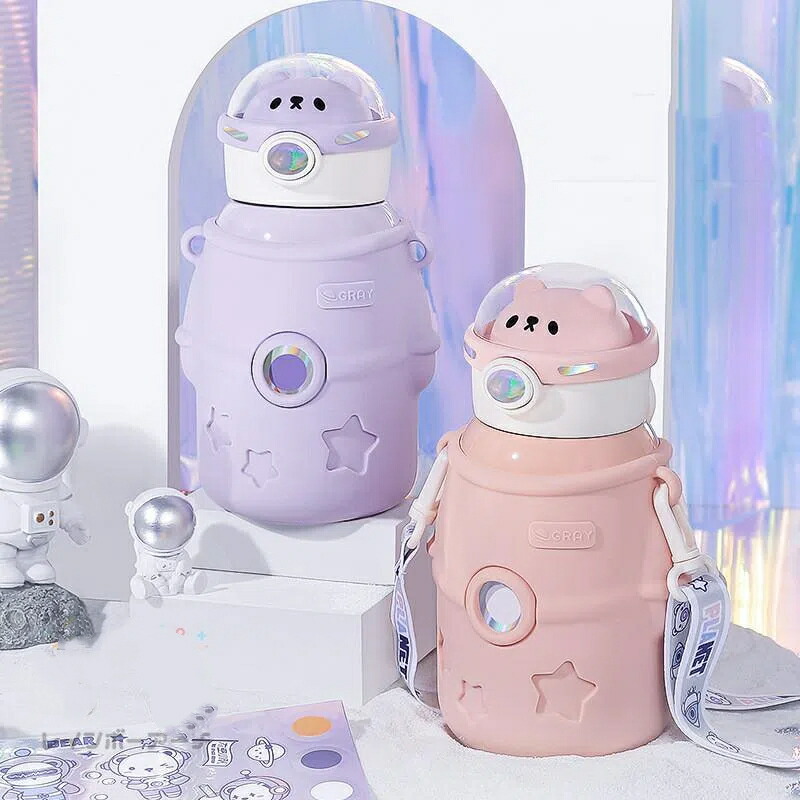 送料無料 水筒 子供用 ストロー 500ML 紐付き ストロー式 ステンレス キッズ 水筒カバーセット 子供 ワンタッチ こども ステンレス ボトル 肩ひも ストラップ 子供用水筒