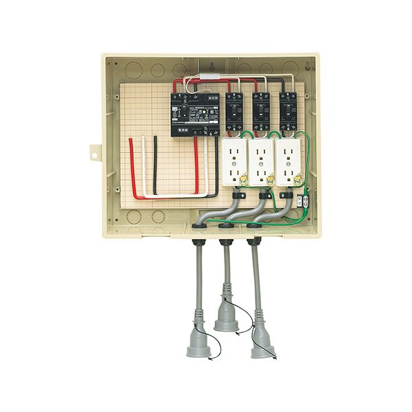 未来工業 【14-33CBL】ベージュ 屋外電力用仮設ボックス (漏電しゃ断器・分岐ブレーカ・コンセント内蔵) 30mA 341×435×187 防水コンセント