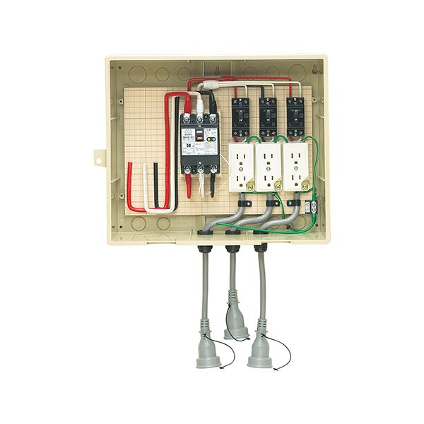 未来工業 【14-33CB5L】ベージュ 屋外電力用仮設ボックス (漏電しゃ断器・分岐ブレーカ・コンセント内蔵) 30mA 341×435×187 防水コンセント