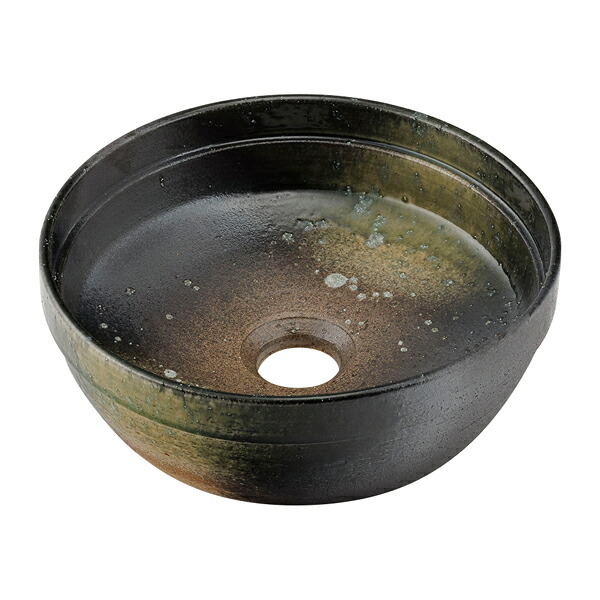 ●カクダイ 【493-276-GR】丸型手洗器 葉洩 陶器製(信楽焼) 瑠珠(Luju)〔GB〕