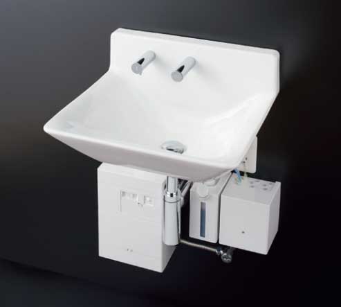 ●TOTO セット品番【LSF135CCR】壁掛ハイバック洗面器セット一式 自動水栓一体形電気温水器・自動水石けん供給栓セット Pトラップ 壁排水 (旧品番 LSF135CC)〔GE〕｜家電と住設のイークローバー