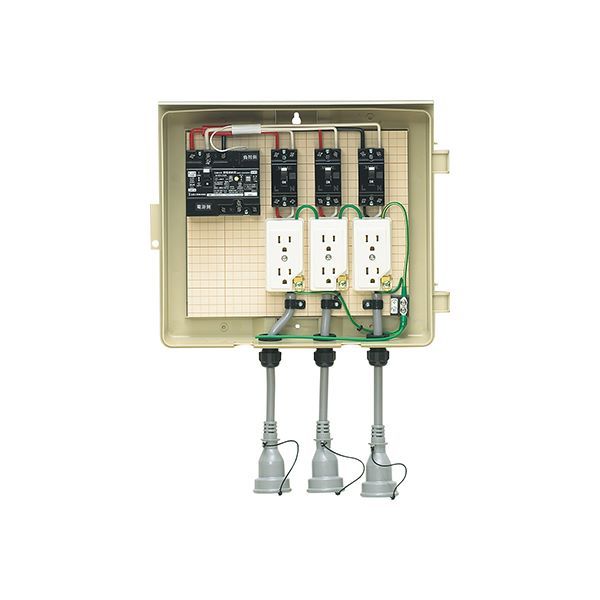 未来工業 【3-33CB】ベージュ 屋外電力用仮設ボックス (漏電しゃ断器・分岐ブレーカ・コンセント内蔵) 30mA 297×364×135 防水コンセント