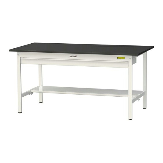 ●u.ヤマキン/山金工業 【SLK-1575WT-BKW】ワークテーブル LABシリーズ(固定式 ワイド引出し付) H740mm 半面棚板付 ケミテクト天板(ブラック) 組立式｜クローバー資材館
