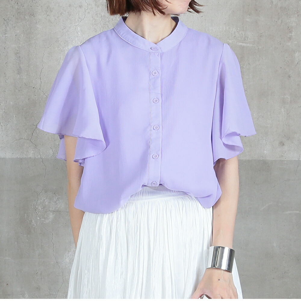 即納 トップス レディース ラッフルスリーブ ブラウス 半袖 ファッション シフォン シャツ フリル スタンドカラー