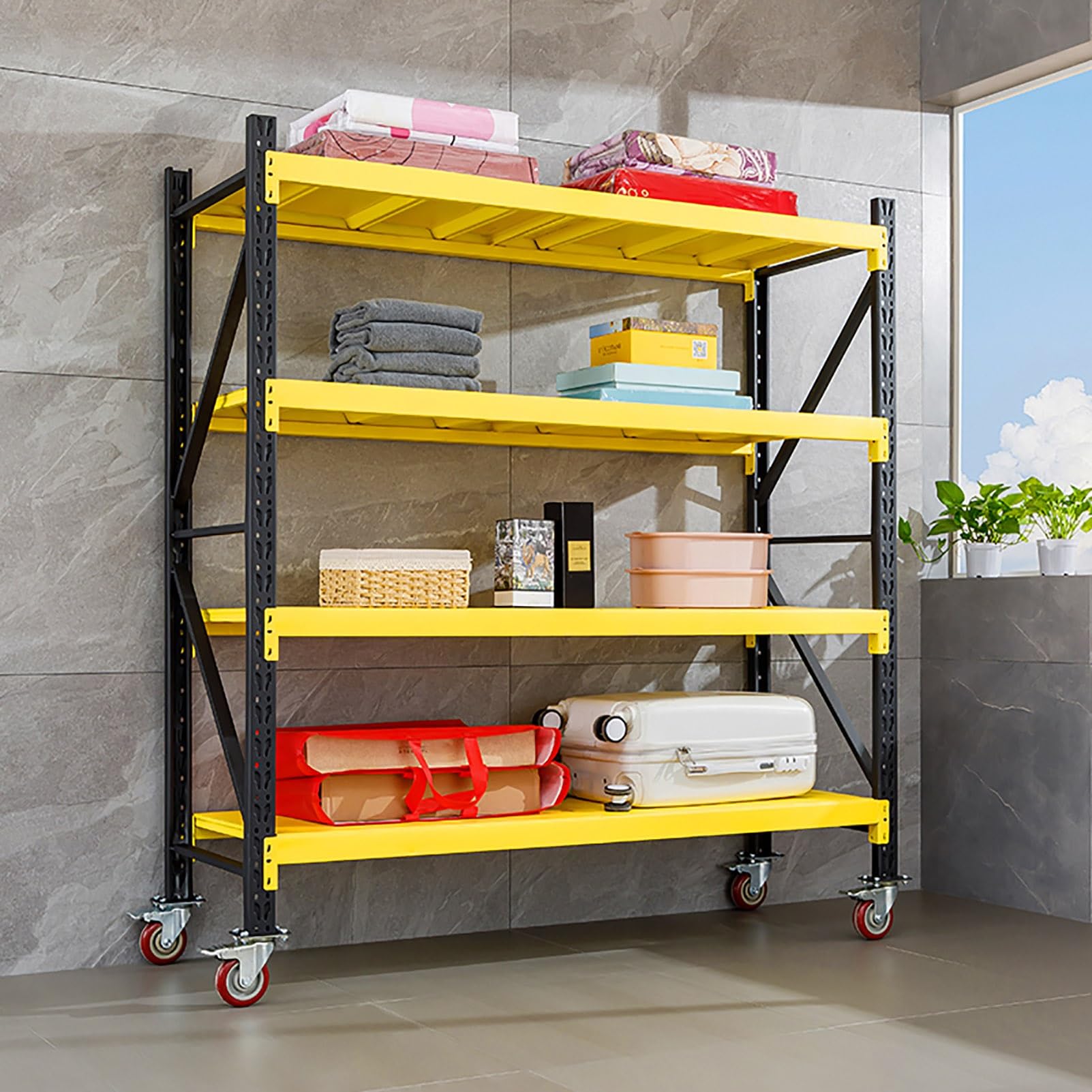 スチールラック 4段 冷間圧延鋼 倉庫収納ラック キャスター付き 単層耐荷重100kg 業務用メタルラック 棚 高さ160cm 収納ラック 高さ調整可能 倉庫用 ガレージ 組立簡単(幅120x奥行40x高さ163cm)
