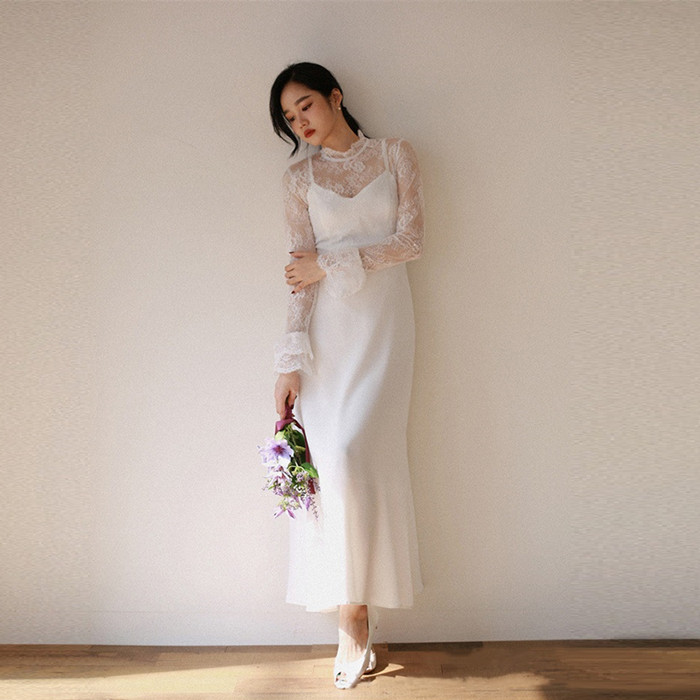 ウエディングドレス 長袖 袖あり 二次会 ミモレ丈 花嫁二次会 大きいサイズ パーティー 結婚式 海外挙式 前撮り 後撮り ブライダル 披露宴 ドレス エンパイア ワンピース サイズオーダー可能｜クローバーショップス