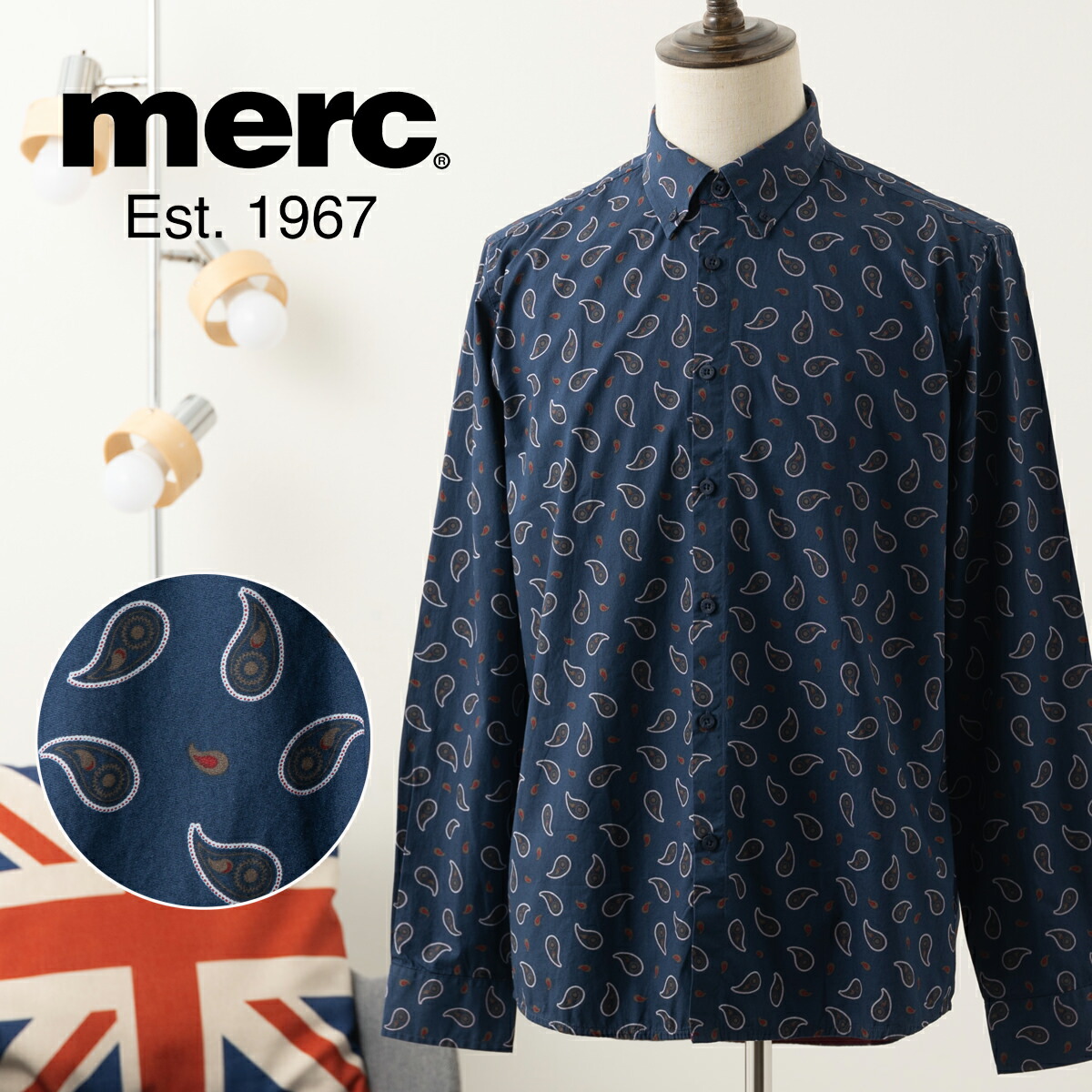 メルクロンドン ペイズリー柄 長袖シャツ Merc London コットン ブルー ボタンダウン モッズファッション ギフト プレゼント トラッド メンズ