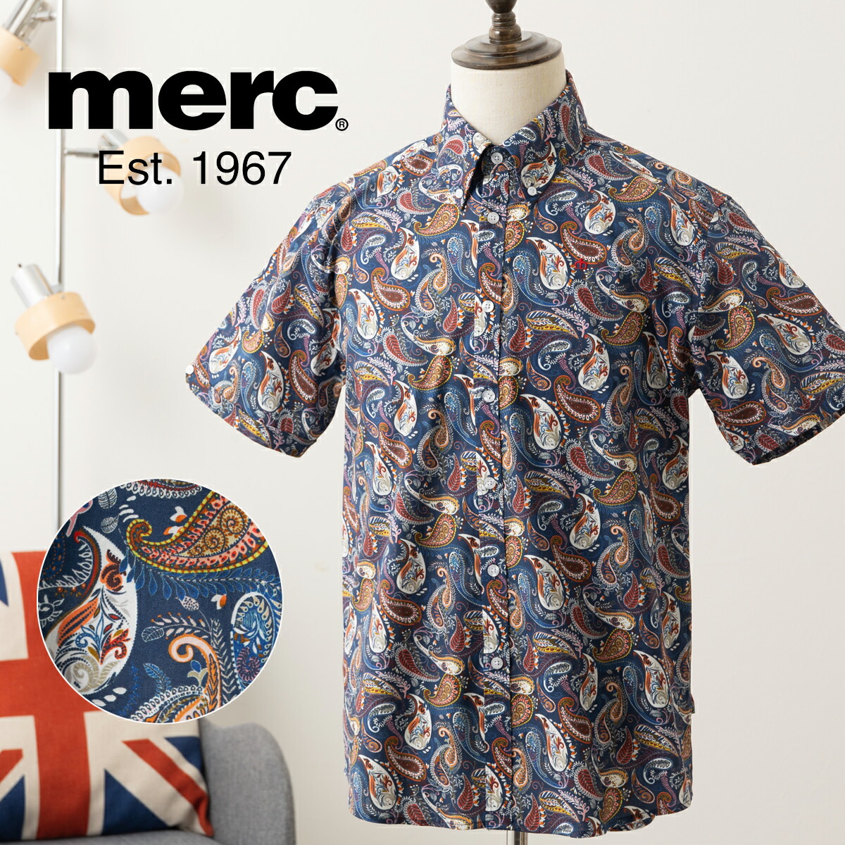 メルクロンドン ペイズリー柄 半袖シャツ Merc London ボタンダウン ネイビー レトロ コットン モッズファッション ギフト プレゼント トラッド メンズ