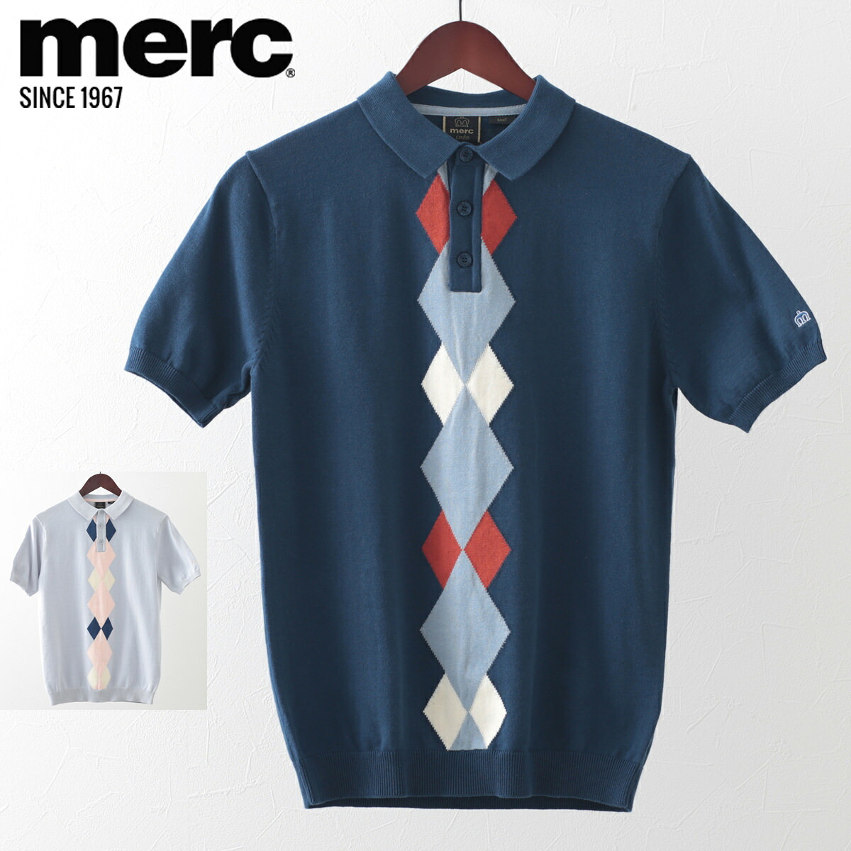 メルクロンドン メンズ ポロシャツ ポロ ニット ダイヤモンド Merc London 2色 ボーイブルー ダークスレート プレッピー モッズファッション ギフト トラッド